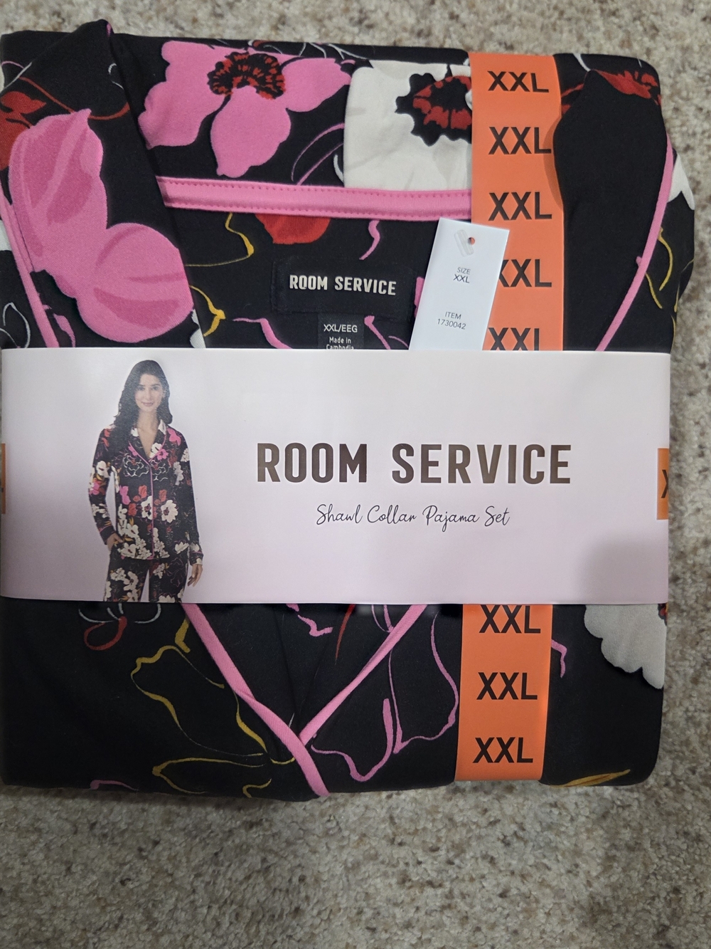 Room Service Women's Shawl Collar Pajama Set - Black with Pink Floral - XXL